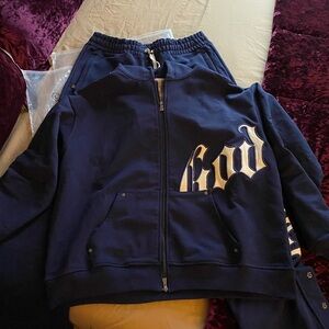 Navy Blue Zip-Up Hoodie with Bold Lettering